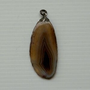 Vintage Silver Metal Polished Agate Slice Pendant, 2.25” Long